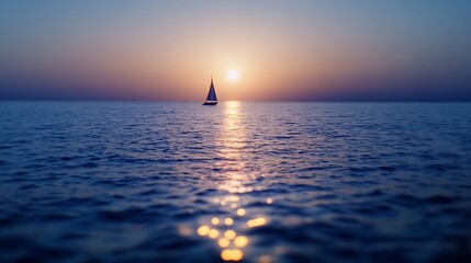 Aufkleber - Solitary sailboat at sunset, gliding on calm ocean waters, bathed in golden sunlight, creating a serene and peaceful seascape. : Generative AI