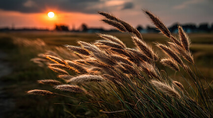 Poster - Golden hour sunset illuminates tall grass, creating a warm, serene landscape.  The sun's rays bathe the delicate seed heads in a rich, amber glow.
