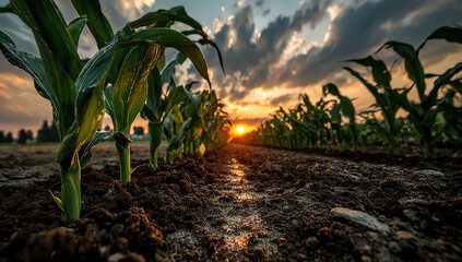 Poster - Young corn plants growing in a field at sunset, illuminated by the golden light, showing the rich soil and vibrant green leaves.