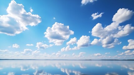 Poster - Serene landscape featuring a calm lake reflecting a vibrant blue sky dotted with fluffy cumulus clouds on a sunny day. : Generative AI