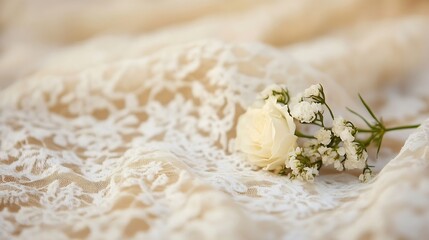 Poster - Delicate white rose and gypsophila blossoms rest gently on creamy lace fabric, creating a soft, romantic, and elegant scene. : Generative AI