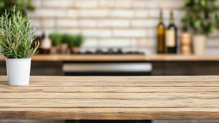Poster - Empty wooden table with rosemary plant in blurred kitchen background