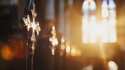 Aufkleber - Close-up of ornate metal cross in church, sunlit stained glass window in soft focus background, religious symbol, faith, hope, spirituality. : Generative AI