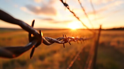 Aufkleber - Close-up view of barbed wire fence silhouetted against a vibrant sunset over a field, showcasing the texture and detail of the rusty metal. : Generative AI