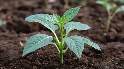 Aufkleber - A young pepper plant seedling emerges from dark soil, its vibrant green leaves reaching towards the sunlight, showcasing the early stages of growth and the promise of a bountiful harve : Generative AI