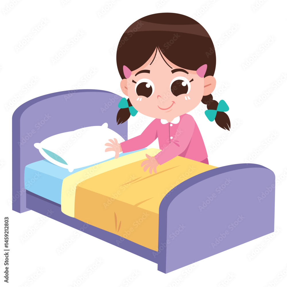 Cartoon Girl Making Her Bed Stock Vector | Adobe Stock