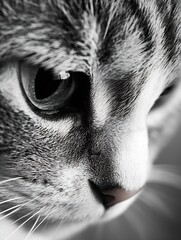 Poster - Close-up monochrome portrait of a tabby cat's face, showcasing its eye, whiskers, and nose; detailed fur texture visible. : Generative AI