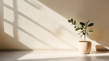 Poster - A small ficus plant in a beige pot sits on a light wooden floor against a beige wall, bathed in sunlight streaming through a window, casting shadows. : Generative AI