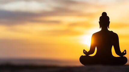 Aufkleber - Silhouette of a meditating Buddha statue at sunset, peaceful and serene scene with warm golden light illuminating the figure from behind. : Generative AI