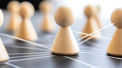 Fototapete - Wooden figures interconnected by thin white strings, representing a network or collaboration; a conceptual image of teamwork and communication. : Generative AI