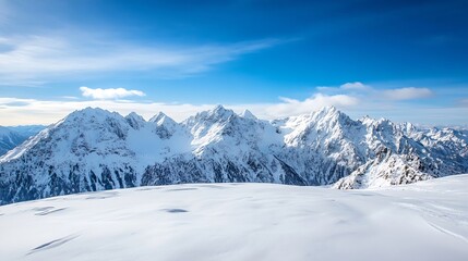 Aufkleber - Majestic snow-capped mountain range under a vibrant blue sky, showcasing a pristine winter landscape with smooth, snow-covered terrain in the foreground. : Generative AI