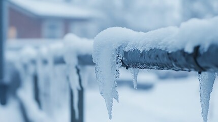 Poster - Close-up of icy icicles forming on a metal pipe, covered in fresh snow, with a blurred winter background showing a house. : Generative AI