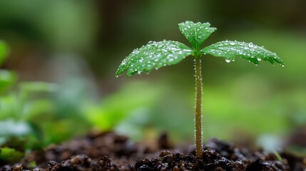 Aufkleber - A tiny seedling emerges from dark soil, its vibrant green leaves glistening with morning dew, showcasing the beauty of new life and growth in nature. : Generative AI