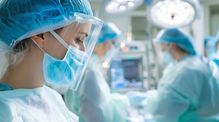 Poster - Focused surgeon in operating room, wearing protective mask, face shield, and surgical cap, during a medical procedure.  Other medical personnel are blurred in the background. : Generative AI