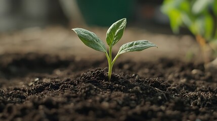 Aufkleber - A small green seedling emerges from dark soil, its two leaves reaching towards sunlight, symbolizing growth, nature, and new beginnings in a garden setting. : Generative AI