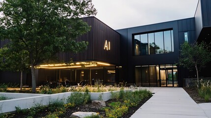 Poster - Modern building exterior at dusk, featuring a sleek dark facade, illuminated signage, and landscaped grounds.  The AI logo is prominently displayed. : Generative AI
