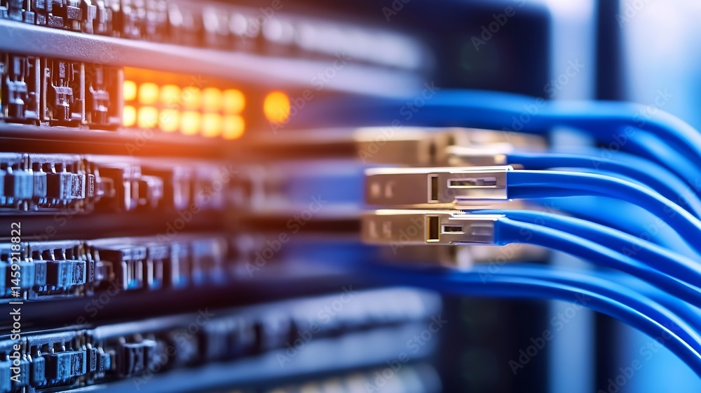 Close-up of server rack with blue fiber optic cables connected ...