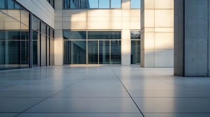 Aufkleber - Modern building exterior with large glass windows and concrete pillars, reflecting sunlight on a sleek tiled plaza. : Generative AI