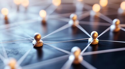 Fototapete - Abstract network visualization: interconnected silver nodes linked by thin white lines on a dark surface, suggesting global communication or social connections. : Generative AI