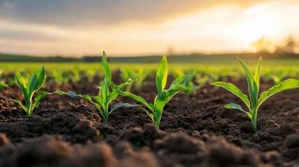 Aufkleber - Young corn plants sprout in rich soil at sunset, showcasing vibrant green leaves and the promise of a bountiful harvest. : Generative AI