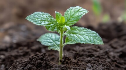 Aufkleber - A vibrant young mint plant emerges from dark soil, its bright green leaves unfurling towards the sunlight, showcasing the beauty of new growth and the promise of nature. : Generative AI