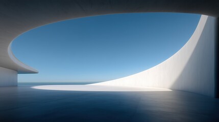 Aufkleber - Abstract modern architectural interior with curved ceiling and floor illuminated by natural light from large window, minimalist design featuring a large white square structure, cinematic lighting, hyp