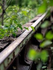 Aufkleber - A resilient young plant sprouts from the weathered, rusted metal of an abandoned railway track, symbolizing nature's persistent reclamation of industrial spaces. : Generative AI