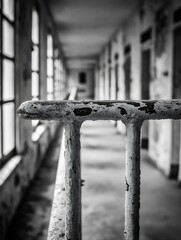 Aufkleber - Close-up view of a weathered, white painted metal railing in a long, dimly lit corridor of an abandoned building, suggesting decay and solitude. : Generative AI