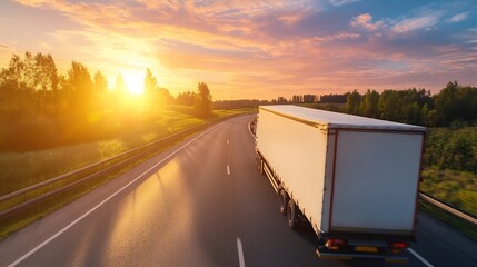 Poster - White semi-truck trailer driving on highway at sunset, surrounded by lush green trees and vibrant sky.  The sun shines brightly, casting a golden glow. : Generative AI