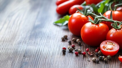 Aufkleber - Ripe red tomatoes on the vine, with peppercorns scattered on a rustic wooden surface.  A vibrant, fresh food photography image perfect for culinary or healthy eating themes. : Generative AI