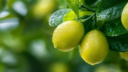 Aufkleber - Close-up of two ripe, yellow-green lemons glistening with water droplets on a branch, surrounded by vibrant green leaves in a lush citrus grove. : Generative AI