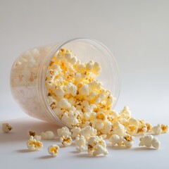 Fototapete - A spilled container of fluffy, buttery popcorn cascading onto a white surface, promising a tasty and enjoyable snack time.