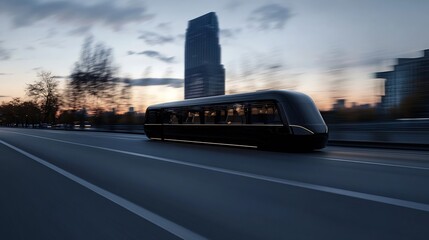 Poster - Futuristic black tram speeding along city road at sunset, sleek design, modern transportation, city skyline in background, motion blur effect. : Generative AI