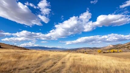 Aufkleber - Scenic dirt road cuts through golden autumnal grassland under a vibrant blue sky dotted with fluffy white clouds, leading towards distant mountains. : Generative AI