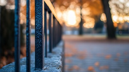 Aufkleber - Close-up view of a dark metal fence, with blurred autumnal park background at sunset. The textured metal posts stand out against the bokeh effect of the trees and leaves. : Generative AI