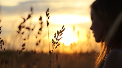 Aufkleber - Silhouette of a girl with long hair at sunset in a field of tall grass, bathed in warm golden light, peaceful and serene atmosphere. : Generative AI