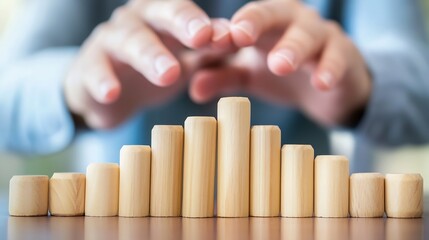 Fototapete - Close-up of hands gently hovering over a row of increasing wooden cylinders, suggesting growth, progress, or careful management of resources. : Generative AI