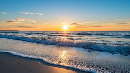 Poster - Serene sunset over ocean waves gently lapping a sandy beach, creating a tranquil and picturesque coastal scene. : Generative AI