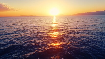 Poster - Sunset over calm ocean water, sun reflecting on the waves creating a golden path across the sea, distant mountains silhouette against a vibrant sky. : Generative AI