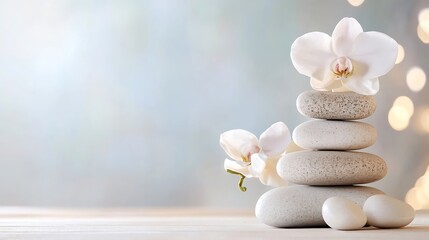Poster - Serene spa scene featuring a balanced stack of light grey stones adorned with delicate white orchids, creating a peaceful and tranquil atmosphere. : Generative AI