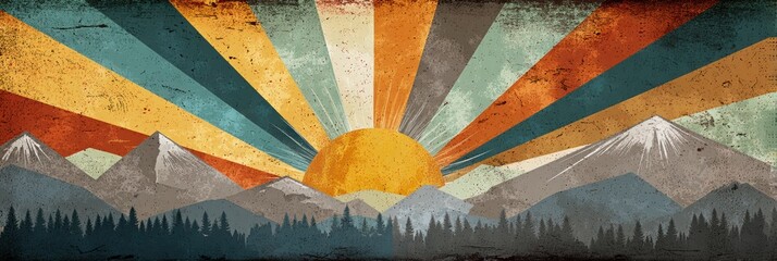 Poster - Explore the Beauty of Mountains and Sunbursts in a Retro Travel Poster Showcasing Nature and Adventure Generative AI
