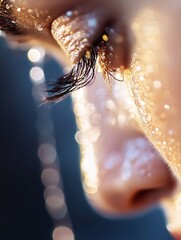 Fototapete - Close-up of a woman's eye with glittering gold makeup and water droplets, showcasing long dark eyelashes and radiant skin texture. : Generative AI