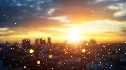 Poster - Golden sunset cityscape viewed through rain-covered window, bokeh effect, warm light, urban scene at dusk, city skyline, glittering raindrops, atmospheric perspective, dreamy mood. : Generative AI
