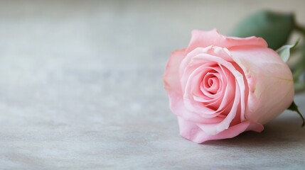 Poster - Single pink rose blossom rests gently on a light gray textured surface, showcasing delicate petals and soft light.  A subtle, romantic image. : Generative AI