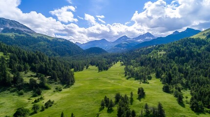 Aufkleber - Aerial view of a lush green valley nestled between majestic mountains under a vibrant blue sky with fluffy white clouds; a picturesque summer landscape. : Generative AI