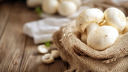 Aufkleber - Close-up of fresh white button mushrooms in a burlap sack, resting on a rustic wooden surface.  The mushrooms are plump and appear ready for cooking. : Generative AI