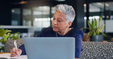 Poster - Business, laptop and writing with woman in coffee shop for hospitality, remote work or research. Computer, freelance startup and planning with mature employee in cafe or restaurant as entrepreneur