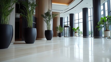 Aufkleber - Modern lobby interior with large windows, polished floor, and potted plants adding a touch of nature to the sleek design. : Generative AI