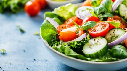 Poster - Close-up of a vibrant salad featuring fresh tomatoes, cucumbers, red onion, spinach, and basil, artfully arranged in a bowl. : Generative AI