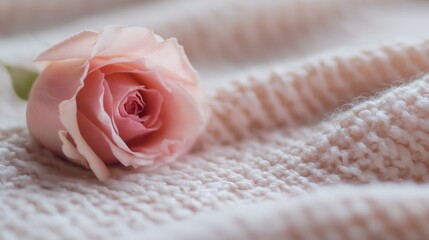 Poster - A single, delicate pink rose rests gently on a soft, pale pink knitted fabric, creating a serene and romantic scene. : Generative AI